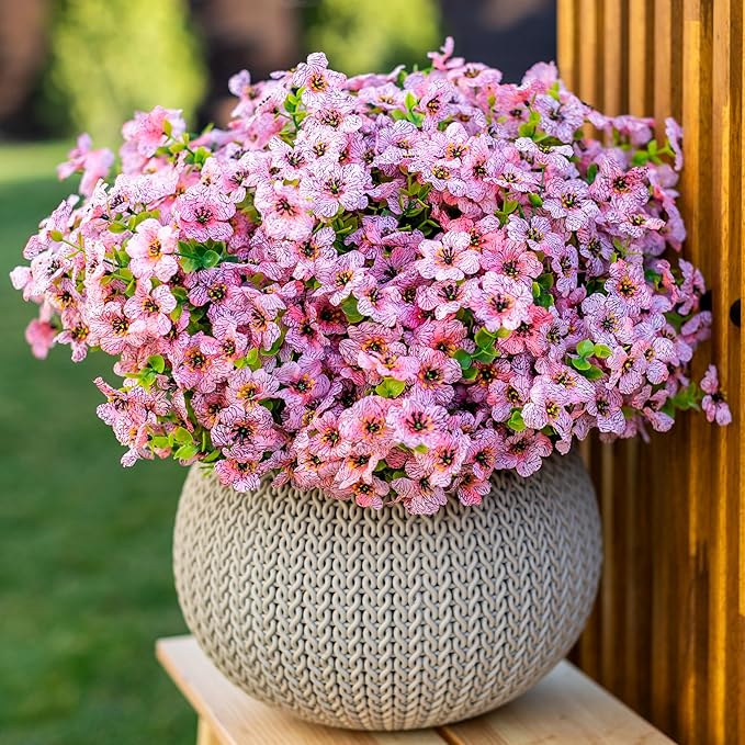 Artificial Flowers for Outdoors Fake Plants - 16 Bundles Faux Outside Greenery Boxwood No Fade Plastic Shrubs Fall Decor Farmhouse Home Garden Thanksgiving Mums (Pink)