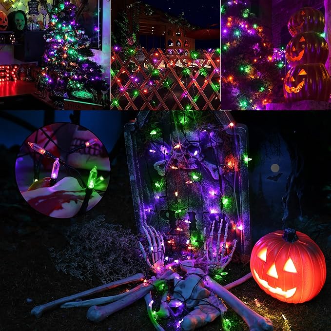 Orange & Purple & Green Halloween Lights, 2 Pack 33ft 100 LED Halloween Decoration Lights Waterproof 8 Modes Battery Operated String Light for Outdoor & Indoor,Tree, Wreaths, Holiday, Party Decor
