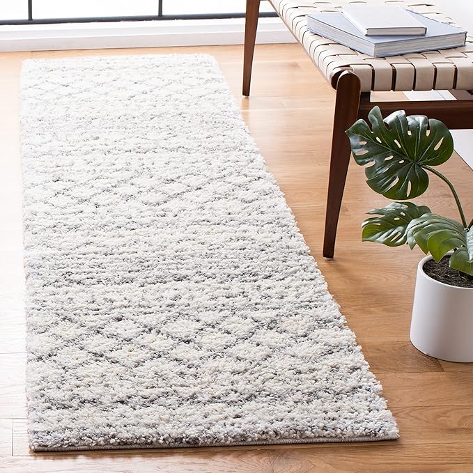 SAFAVIEH Arizona Shag Collection Runner Rug - 2'3" x 8', Ivory & Grey, Moroccan Design, Non-Shedding & Easy Care, 1.6-inch Thick Ideal for High Traffic Areas in Living Room, Bedroom (ASG741F)