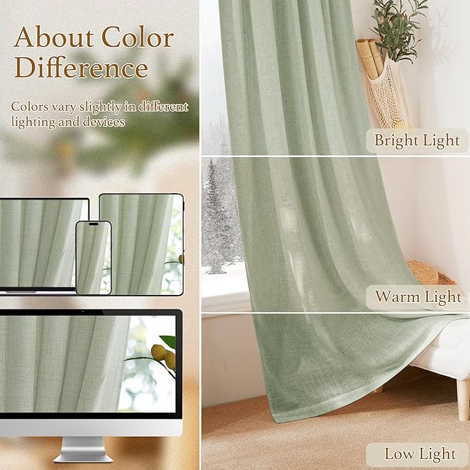 RYB HOME Extra Long Linen Curtains 120 inches for Living Room, Light Filtering Privacy Protection Vertical Decorative 2 Panels Set Window Treatments for Bedroom, Sage Green, W 52 x L 120 inches