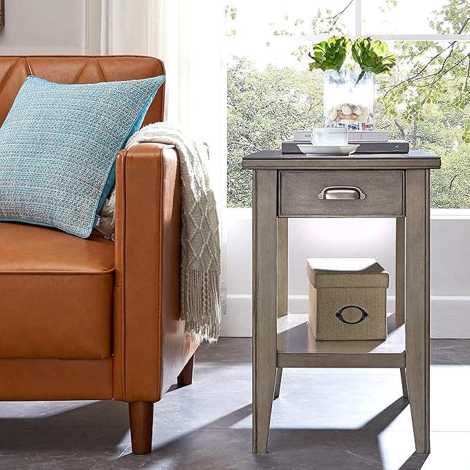 Laurent Narrow Solid Wood Side End Table with Shelf and Drawer, Smoke Gray Wash – Leick Home, 10506-GR