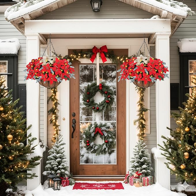 Florielle Artificial Fake Christmas Hanging Flowers Plants Basket with LED Lights, Faux Poinsettia, Pine Branches, for Outdoor New Year Xmas Decoration, Porch Home Holiday Decor (White)