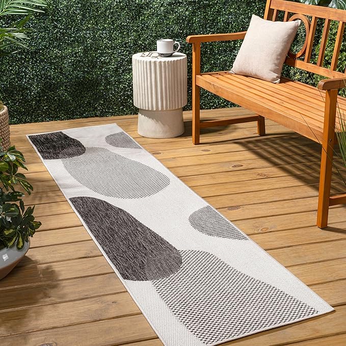 JONATHAN Y Geometric Organic Shapes Indoor Outdoor Runner Rug 2X8 Cream/Black, Zia Modern for Backyard, Patio, Porch, Easy-Cleaning, High Traffic, Pet-Friendly, Non-Shedding (TSN306A-28)