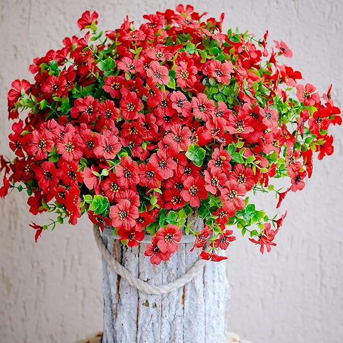 Artificial Flowers for Outdoors Fake Plants - 16 Bundles Faux Outside Greenery Boxwood No Fade Plastic Shrubs Fall Decor Farmhouse Home Garden Thanksgiving Mums (PureRed)