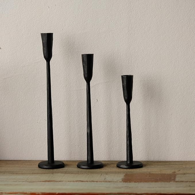 Black Iron Taper Candle Holder Set of 3, Heavy Wrought Iron Candlestick Holders Decorative Candle Stand, Vintage Candle Holder for Wedding, Dining, Home Decoration