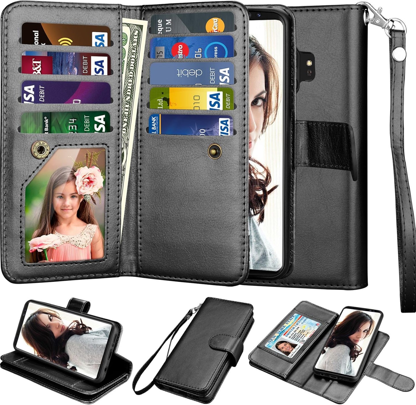 NJJEX PU Leather Wallet Case for Galaxy S9, Magnetic Folio Flip Cover, 9 Card Slots, Kickstand, Wrist Lanyard, Black
