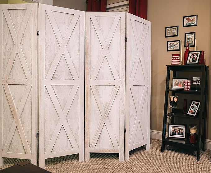 Premium Home 4-Panel Room Divider – Rustic White Barn Door, X Pattern Folding Privacy Screen, Partition Wall