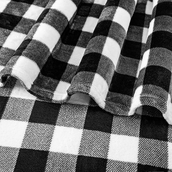 PAVILIA Black and White Buffalo Plaid Fleece Bed Blanket King Size, Soft Checkered Flannel Blanket for Sofa, Plaid Christmas Couch Throw Bed, Warm Cozy Decorative Blanket Fall Decor Gift, 90x90