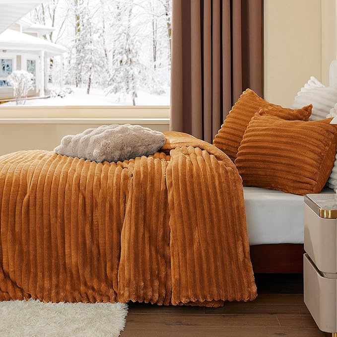 BEDELITE Fleece Twin Comforter Set -Super Soft & Warm Fluffy Rust Orange Bedding, Luxury Fuzzy Heavy Bed Set for Winter with 1 Pillow case
