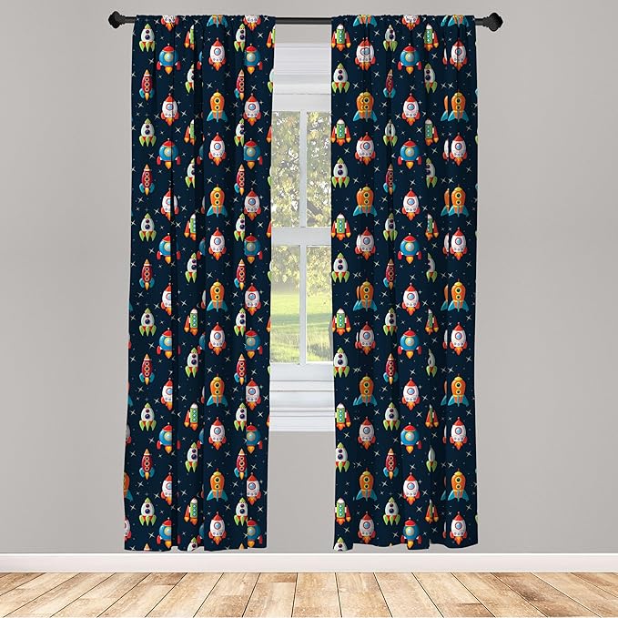Ambesonne Spaceship Window Curtains, Cartoon Style Space Crafts Flying Through Cosmos Stared Background Astronauts, Lightweight Decor 2-Panel Set with Rod Pocket, Pair of - 28" x 84", Multicolor