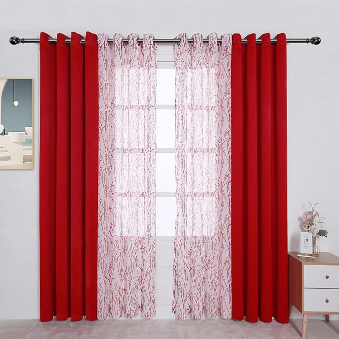 BONZER Mix and Match Curtains - 2 Pieces Branch Print Sheer Curtains and 2 Pieces Blackout Curtains for Bedroom Living Room Grommet Window Drapes, 54x63 Inch/Panel, Red, Set of 4 Panels