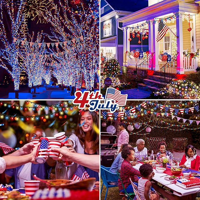 Hopolon Red White and Blue Mini Lights,2PACK 50Count 4th of July Patriotic String Lights Green Wire,13FT Incandescent Independence Day Light for Indoor Outdoor Christmas Party Decor,Red White Blue