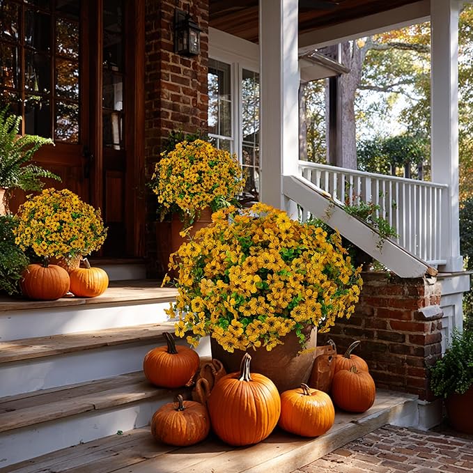Artificial Fall Flowers for Outdoors Fake Mums - 16 Bundles Faux Plants Outside Greenery Boxwood No Fade Plastic Shrubs Decor Farmhouse Home Garden Thanksgiving (Yellow)