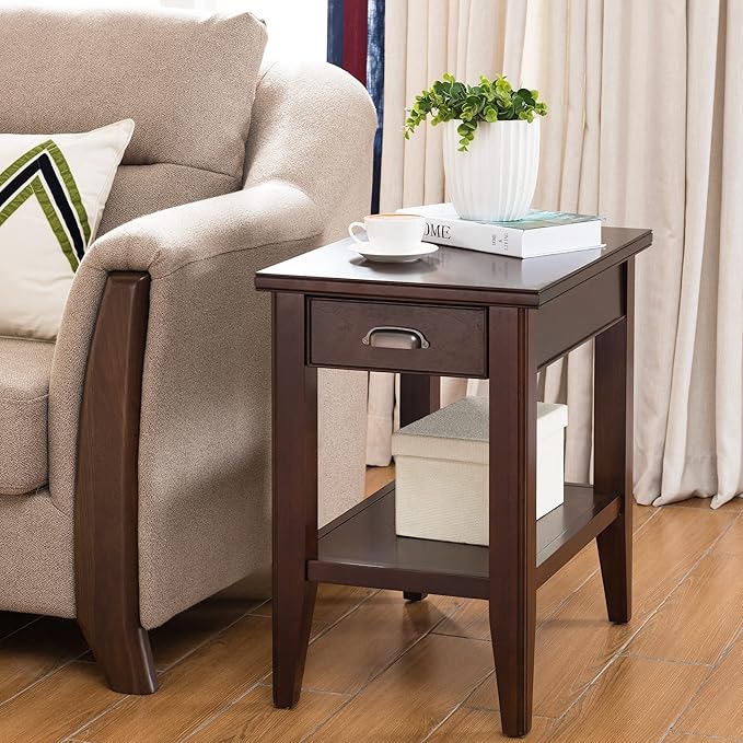 Laurent Narrow End Table, Solid Wood with Drawer and Shelf, Chocolate Cherry Brown, Perfect for Living Rooms, Bedrooms, and Small Spaces – Leick Home, 10506