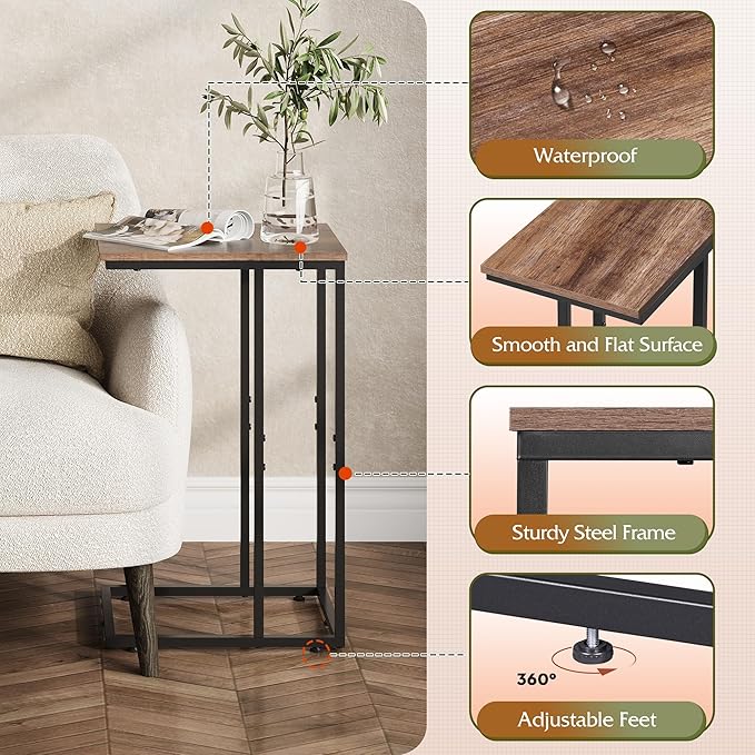 WLIVE Brown Side Table Set of 2, C Shaped End Table Sets, Small Sofa Side Tables Bedroom, Living Room, Home Office, 2-Tier Couch Bedside Table for Small Spaces