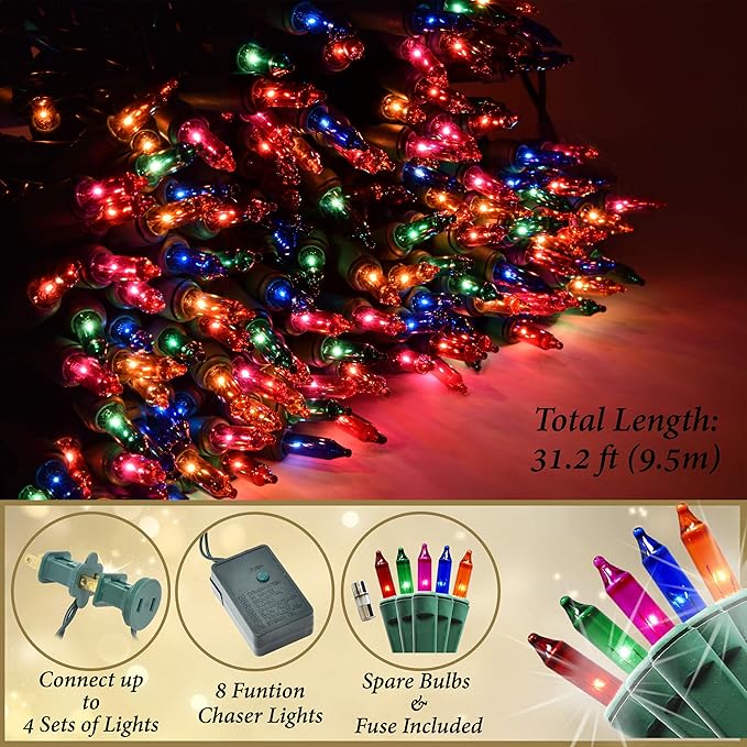 Holiday Essence Chasing Christmas Lights, 8 Function Controller 140 Multi Colored Mini Bulbs Green Wire Indoor String Lights, 31.2 Feet Long Holiday Decor
