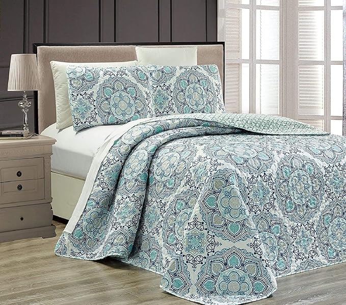 Fancy Collection 3 Pc Bedspread Bed Cover Over Size New (Full/Queen, Blue Medallion)
