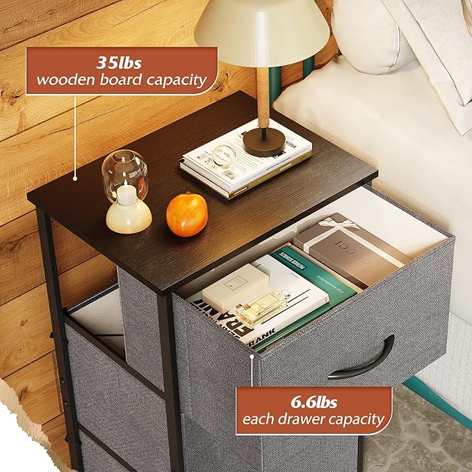 WLIVE Dresser with 3 Drawers, Fabric Nightstand, Organizer Unit, Storage Dresser for Bedroom, Hallway, Entryway, Closets, Sturdy Steel Frame, Wood Top, Easy Pull Handle, Dark Grey