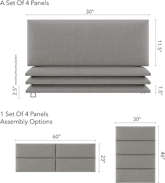 Vänt Upholstered Wall Panels - Queen/Full Size Wall Mounted Headboards - Weave Moondust Grey - Set of 4 Panels (Each Individual Panel 30"x11.5")