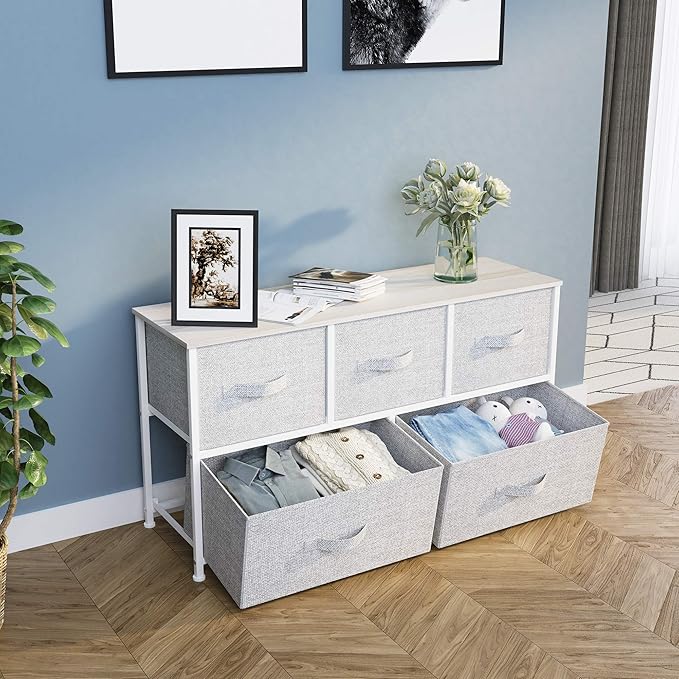 YITAHOME Wide Chest of Drawers, Dresser with 5 Drawers, Light Grey Fabric Storage Tower, Dresser for Bedroom with 5 Drawers, Living Room, Closets - Sturdy Steel Frame, Wooden Top