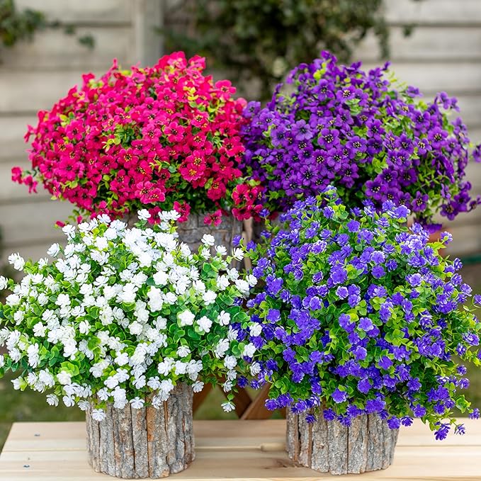 Artificial Flowers for Outdoors Fake Plants - 16 Bundles Faux Outside Greenery Boxwood No Fade Plastic Shrubs Fall Decor Farmhouse Home Garden Thanksgiving Mums (Red)
