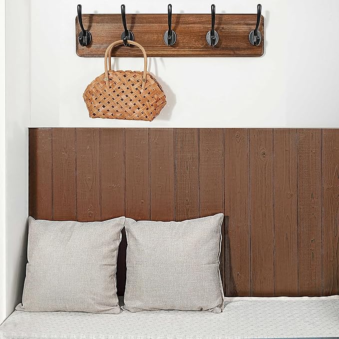 WEBI Coat Rack Wall Mount,Coat Hooks Wall Mounted,16" Hole to Hole,Coat Hanger Wall,Hook Rack Rail,5 Hooks for Hanging Jacket,Clothes,Hats,Rustic Brown