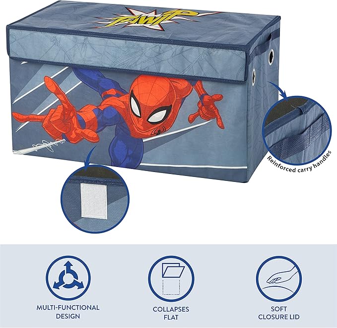 Idea Nuova Marvel Spiderman Toy Storage Trunk for Kids,Collapsible Organizer with Soft Lid, Durable Fabric, 28.5x14.5x16, Blue Chest for Bedroom & Playroom