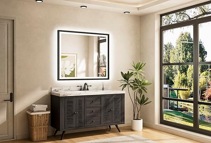 TETOTE Black LED Bathroom Mirror with Lights 42x36 Front & Back Light Vanity Framed Mirror Baroque Anti Fog Dimmable White/Warm/Natural,CRI90+,Waterproof,Wall Mounted(Horizontal/Vertical)