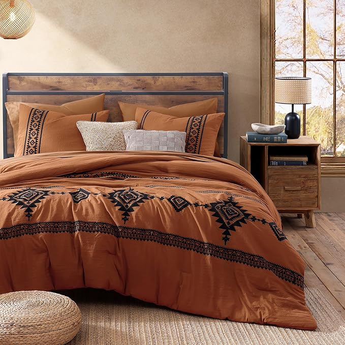 MaiRêve Oversized Queen Comforter Set Burnt Orange, Embroidery Western Bedding Set Boho 7 Pieces, Farmhouse All Season Bed in A Bag with Sheets, Pillowcases & Shams
