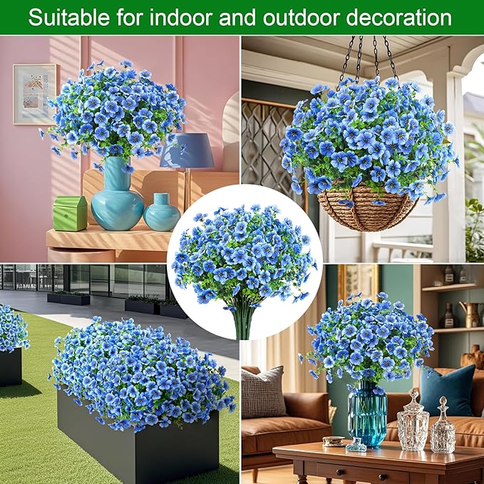 Ouddy Decor 24 Bundles Artificial Flowers for Outdoors Fake Silk Flowers UV Resistant Faux Plastic Plants for Spring Summer Garden Porch Window Box Table Vase Home Indoor Outdoor Decoration, Blue