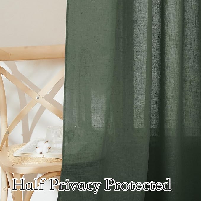 RYB HOME Linen Blended Curtains - Back Tab Vintage Thick Linen Burlap Light Filtering Decorative Sheer for Bedroom Living Room Home Office, W 52" x L 102", 2 Pcs, Hunter Green