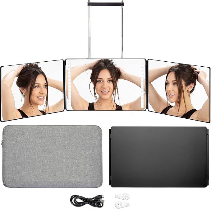 3 Way Mirror, Three Way Mirror for Braiding Hair & Hair Styling, LED Mirror, 360 View