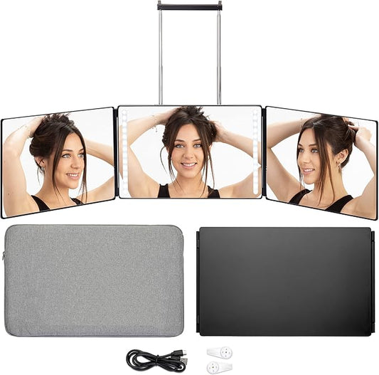 3 Way Mirror, Three Way Mirror for Braiding Hair & Hair Styling, LED Mirror, 360 View