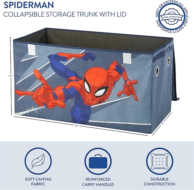 Idea Nuova Marvel Spiderman Toy Storage Trunk for Kids,Collapsible Organizer with Soft Lid, Durable Fabric, 28.5x14.5x16, Blue Chest for Bedroom & Playroom