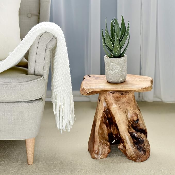 WELLAND Natural Cedar Stump Stool, 14" End Table, Live Edge Side Table, Plant Stand, Small Nightstand, Mushroom Stool for Living Room, Bedroom, Patio, Garden