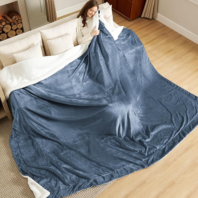 Bedsure GentleSoft Sherpa Fleece Oversized Cal King Blankets for Bed - Thick and Warm Throw for Women and Men, Soft Fuzzy Plush Large Blanket for Winter, Slate Blue, 112x98 Inches