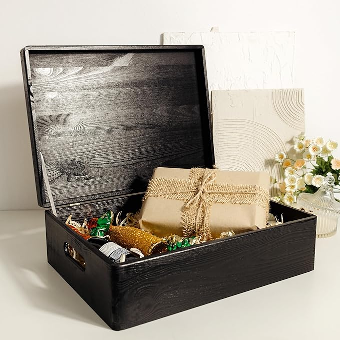 XL Black Wooden Box Storage with Hinged Lid | 15.8 x 11.8 x 5.5 inches (+-0.5) | with Handles | Gift Box Kitchen Storage Document | Product NOT Intended for 15 Years OR Below