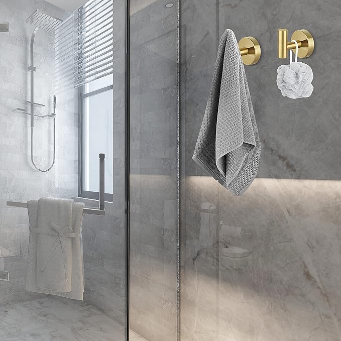 Towel Hooks Bathroom Coat Robe Hook Stainless Steel Heavy Duty Door Hanger Towel Robe Clothes Cabinet Wall for Bathroom Bedroom Kitchen Hotel Pool 4 Packs (Gold)