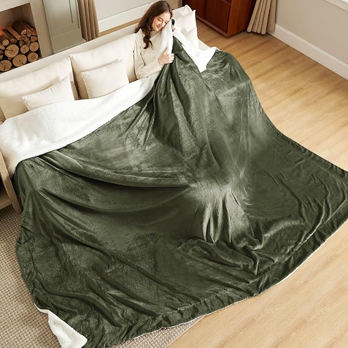 Bedsure GentleSoft Sherpa Fleece Oversized Cal King Blankets for Bed - Thick and Warm Throw for Women and Men, Soft Fuzzy Plush Large Blanket for Winter, Olive Green, 112x98 Inches