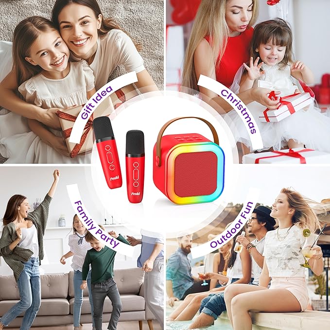 Mini Karaoke Machine for Kids Adults, Portable Karaoke Microphone Singing Speaker Bluetooth Karaoke Player with 2 Wireless Mic, Birthday Gifts for Girls Boys 4-12 Year Old, Family Home Party(Red)