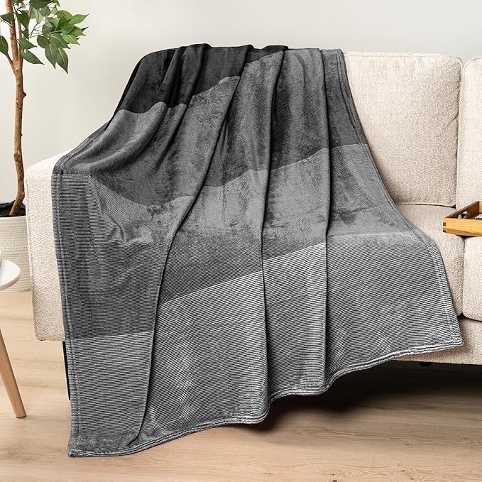 PAVILIA Black Ombre Fleece Throw Blanket for Couch, Soft Flannel Blanket for Sofa Bed Room, Plush Lightweight Dark Gray Black Gradient Blanket, Cozy Microfiber Decorative Gift Throw, 50x60