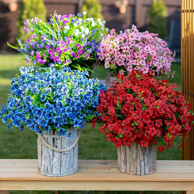 Artificial Flowers for Outdoors Fake Plants - 16 Bundles Faux Outside Greenery Boxwood No Fade Plastic Shrubs Fall Decor Farmhouse Home Garden Thanksgiving Mums (PureRed)