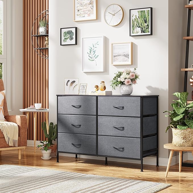 WLIVE Dresser for Bedroom with 6 Drawers, Wide Fabric Dresser TV Stand for 50 Inches TV with Metal Frame, Wooden Top, Fabric Storage Organizer for Livingroom, Hallway, Dark Gray