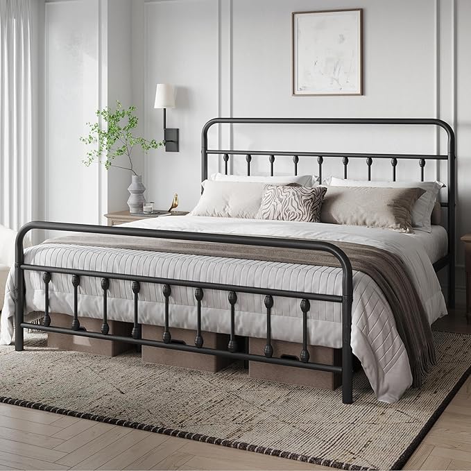 Yaheetech Classic Metal Platform Bed Frame Mattress Foundation with Victorian Style Iron-Art Headboard/Footboard/Under Bed Storage/No Box Spring Needed/California King Size Black