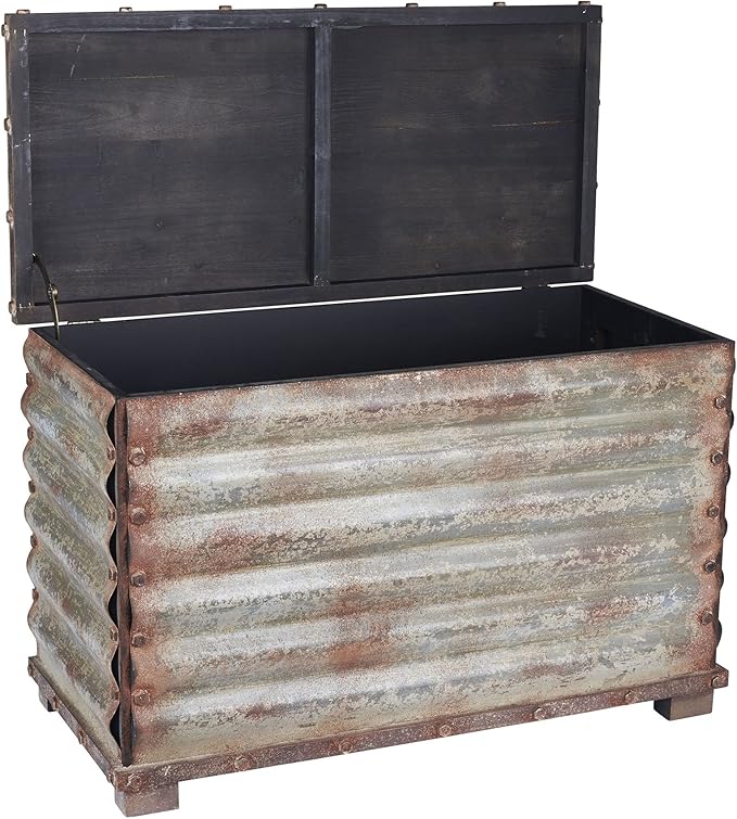 Household Essentials Decorative Trunk, Rustic, Small, Wood Frame and Metal Siding, Spacious and Handmade, Fully Opening Lid, Black Interior, Driftwood and Silver