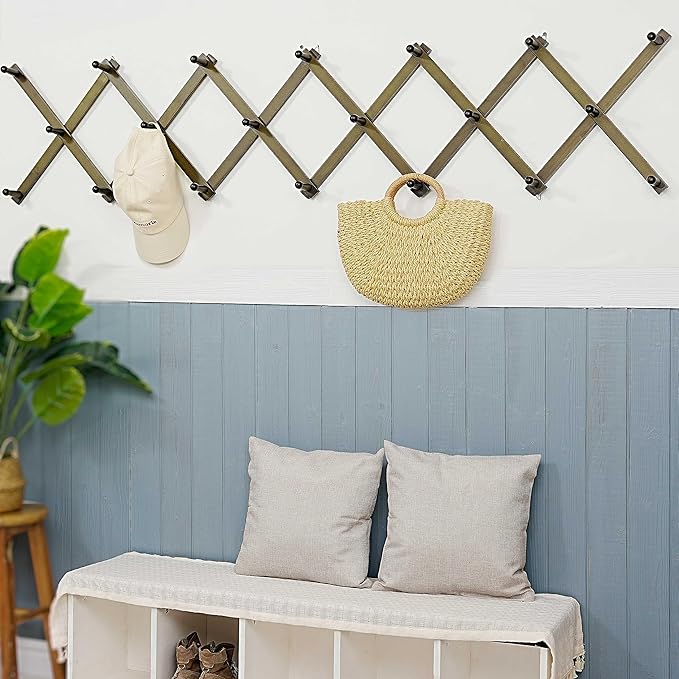 WEBI Accordion Wall Hanger,Accordion Hat Rack for Wall,Expandable Wooden Coat Rack Wall Mounted,Accordion Hook Rack for Hats,Caps,20 Peg,Dark Walnut