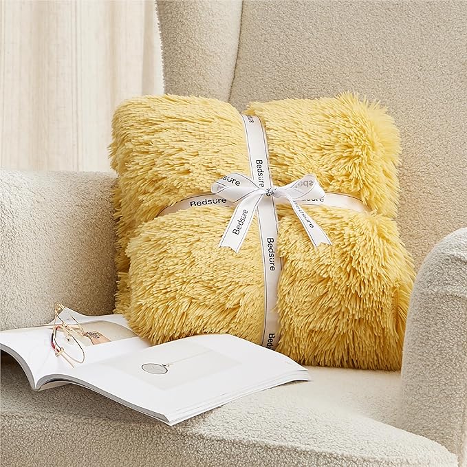 Bedsure GentleSoft Fuzzy Sherpa Faux Fur Twin Blanket Yellow Cozy Gifts for Women Men, Soft Fleece Plush Warm Thick Blanket Twin Size for Bed, Couch, Room Dorm Essentials Yellow Decor Gifts, 60x80