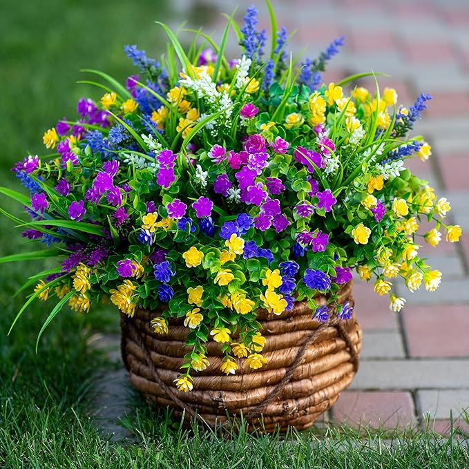Artificial Flowers Outdoor Fake Plants - 12 Bundles UV Resistant Shrubs No Fade Faux Plastic Greenery Home Garden Porch Patio Decoration Indoor (1, Multi-12pcs)