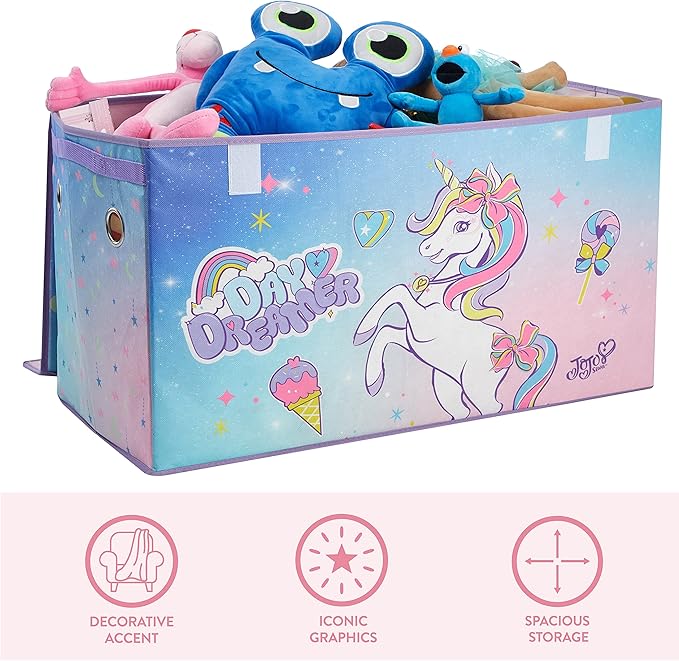 Idea Nuova JoJo Siwa Unicorn Bow Day Dreamer Collapsible Children’s Storage Trunk, Durable with Soft Lid, 28.5"x14.5"x16"