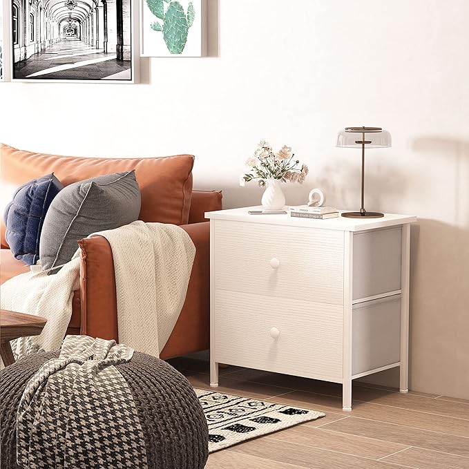 BOLUO White Nightstands Set of 2 - Nightstand and Dresser Sets Night Stand Dresser for Bedroom End Table with Fabric Drawers Organizer Modern